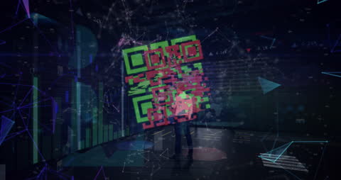 Businessman Analyzing QR Code and Digital Connectivity Network