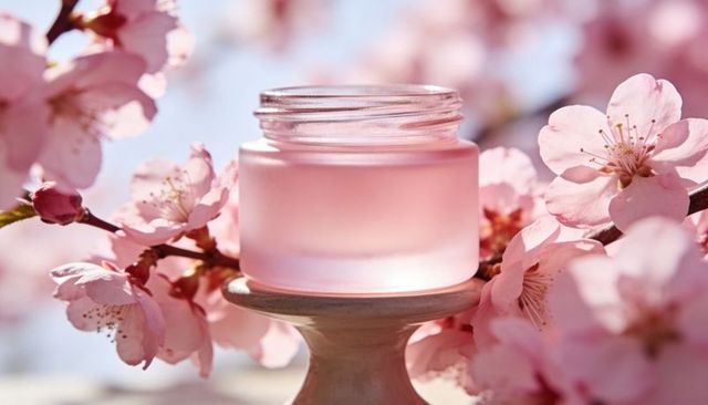 Frosted pink glass jar on wooden pedestal surrounded by cherry blossoms in spring