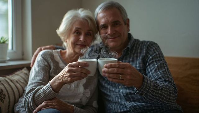 Senior Couple Sitting on Couch Holding Steaming Mugs Enjoying Cozy Morning Together