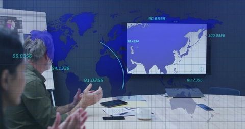 Professional presenting business data with global map projection
