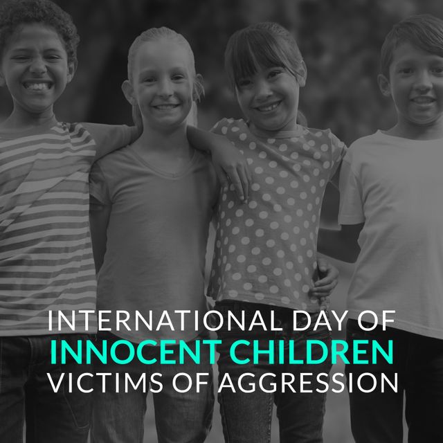 International day of innocent children victims of aggression text with happy multiracial children. digital composite, rights of children, protection, social issues, awareness.