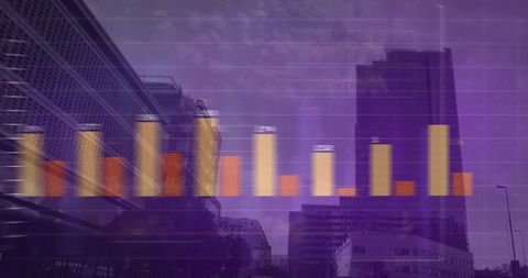 Overlaying bar chart over urban skyline with purple motion blur for data analytics concept