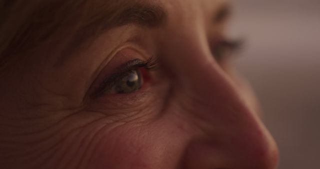 Close-up captures the eyes of a mature woman, showcasing her facial wrinkles and natural beauty illuminated by warm lighting. This can be used to represent themes of aging, wisdom, or emotional depth in advertising, healthcare, or lifestyle content.