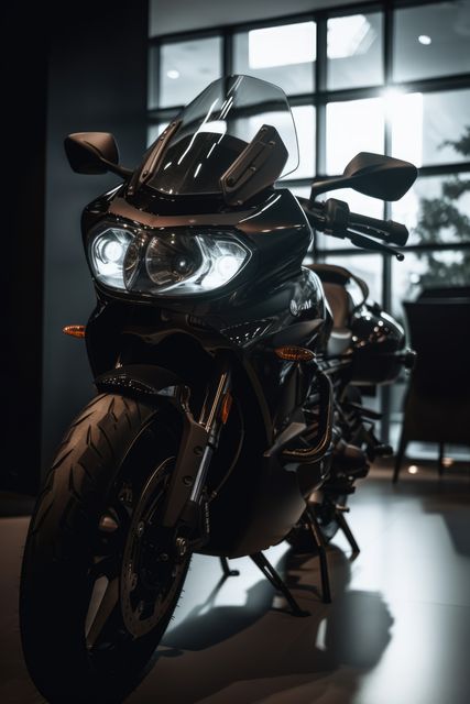 Black motorbike in showroom, created using generative ai technology. Motorbike, travel and transport concept digitally generated image.