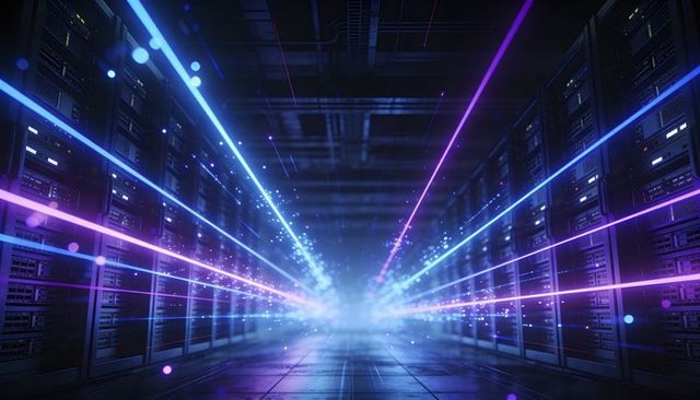 Neon data center corridor with converging light beams and futuristic ai servers
