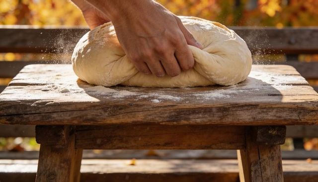 Hands kneading rustic bread dough on weathered wooden bench in autumn sunlight