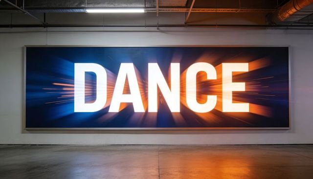 Displaying bold dance billboard illuminating industrial garage with blue orange motion