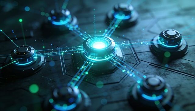 Glowing central hub connecting futuristic circuit nodes with neon cyan data streams