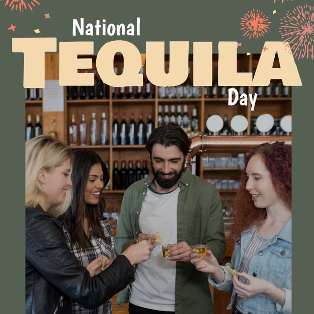 Composite of national tequila day text and happy multiracial young friends toasting tequila shots. bar, friendship, togetherness, tequila, alcohol, drink and celebration concept.