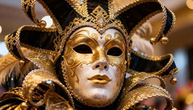 Venetian jester mask wearing ornate gold and black costume for carnival masquerade