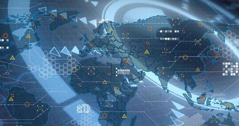 Global cyber dashboard displaying world map with hex clusters, HUD elements, warning icons