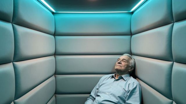 Senior man sitting in padded teal nook leaning back, calm reflective healthcare portrait