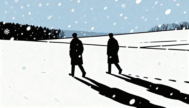 Two silhouettes walking across snow-covered field leaving long shadows and footprints
