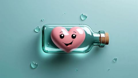 Whimsical Heart Inside Glass Bottle on Teal Background