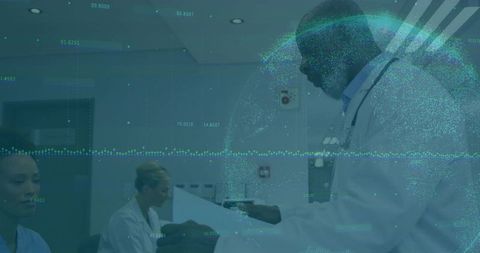 Doctor Analyzing Holographic Globe in Modern Clinic