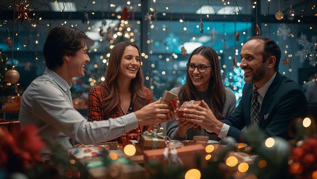 Coworkers exchanging gifts at cheerful holiday office gathering