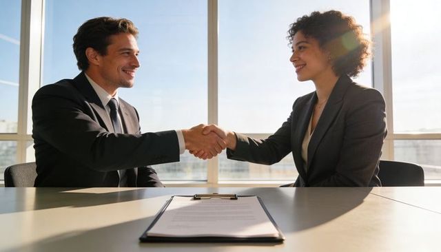 Business professionals shaking hands after signing contract in sunlit office closing deal