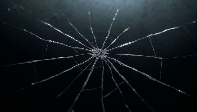 Glass starburst fracture radiating radial cracks with shattered shards on dark surface