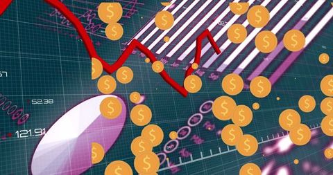Falling stock market graph with dollar signs on digital background