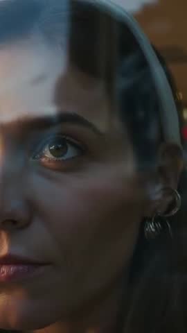 Woman Reflecting Through Car Window, Close-Up Vertical Video Showing Contemplative Gaze and Passing 