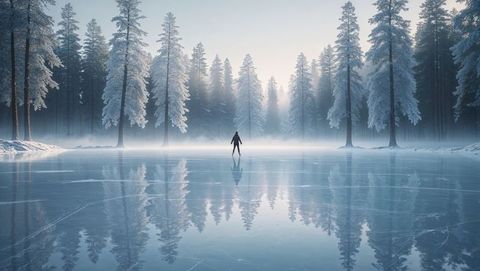 Lone ice skater on serene frozen ice skating lake surrrounded by winter pine forest