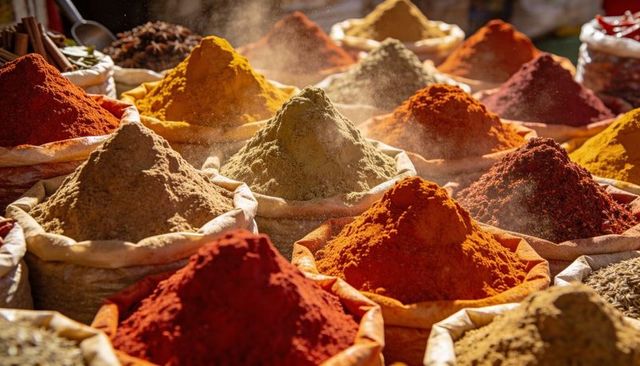 Vibrant spice market displaying colorful conical mounds of powdered spices in woven sacks