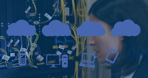 Cloud Computing Concept with Cloud Icons and Data Engineer in Server Room - Download Free Stock Images Pikwizard.com