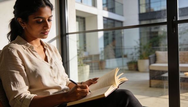 Woman writing in journal near glass door on sunlit terrace with plants and coworking vibe
