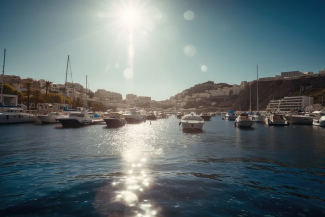 Photo depicts a sunny day at a tranquil marina with boats and yachts anchored and the sun creating sparkling reflections on the water. Hills and coastal town buildings in the background. Ideal for travel blogs, vacation planners, and websites showcasing coastal destinations and nautical activities.