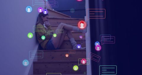 Woman Using Smartphone Surrounded by Social Media Icons