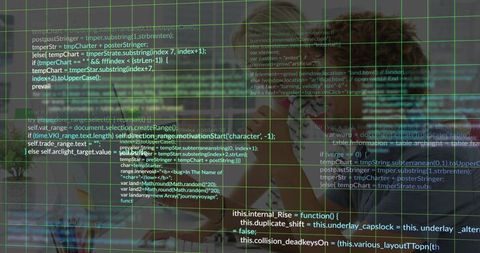 Developers collaborating on debugging with green code grid overlay on office monitor