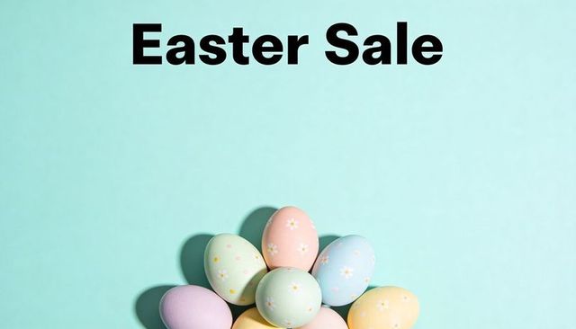 Pastel easter sale banner featuring cluster of floral-dotted eggs on mint backdrop