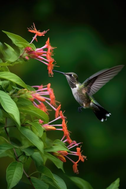 Hummingbird captured in mid-air next to bright orange flowers, showcasing intricate wing movement and feeding behavior. Perfect visual for themes around nature, wildlife, gardening, and pollination. Great for use in educational materials, wildlife documentaries, nature blogs, and environmental campaigns.