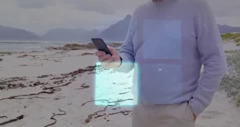 Man Interacting with Smartphone Animation on Beach