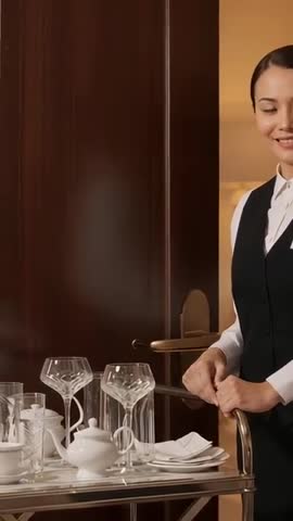 Hotel attendant pushing service cart through room doorway presenting glassware vertical video