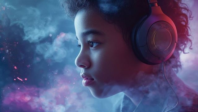 Adolescent immersed in futuristic soundscape with headphones