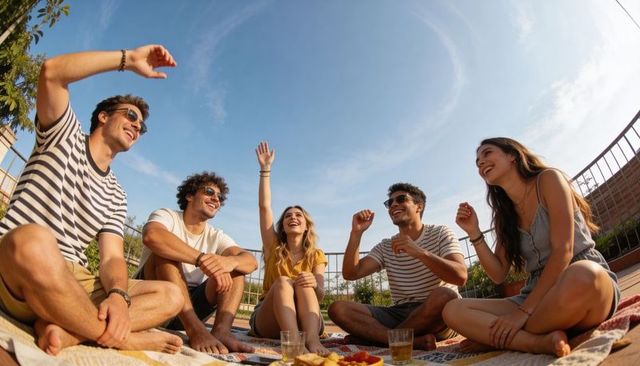 Sunlit rooftop gathering friends sharing snacks laughing barefoot summer terrace vibes