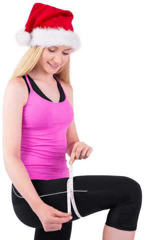 Festive blonde woman measuring thigh with santa hat, transparent background