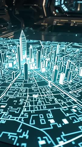 Projecting cyan holographic city map on table in futuristic control room vertical video