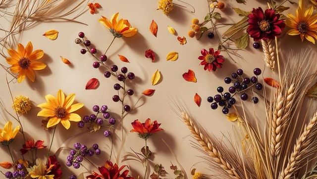 Autumn Floral Arrangement with Daisies, Berries, and Wheat on Cream Surface