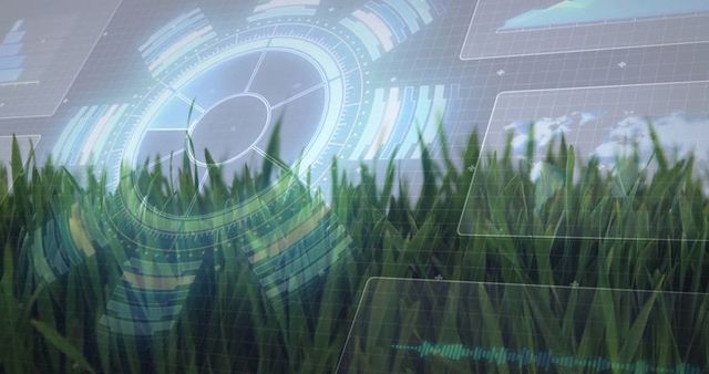 Futuristic Digital Technology Overlaying Green Field