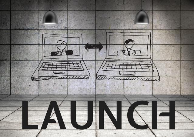 Sketch of laptops connected on a wall with the word 'Launch' at the bottom. Ideal for technology startup presentations, networking event promotions, and business launch announcements.