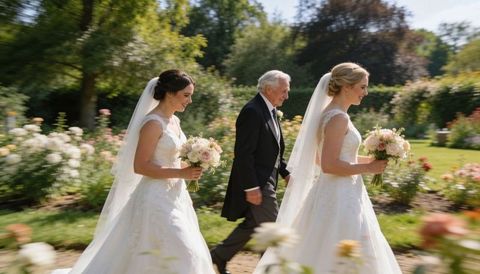 Two brides walking garden path with father escorting in lace wedding gowns and veils