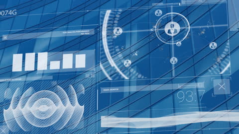 Futuristic Data Analytics Interface Over Modern Building