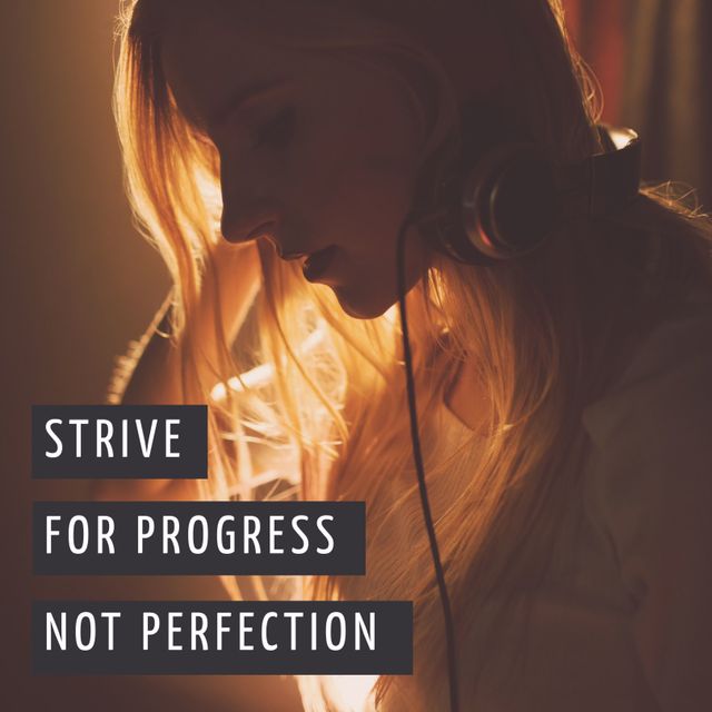Motivational message, a focused woman with headphones, embodying determination and growth. Ideal for self-improvement themes or music-related inspiration.
