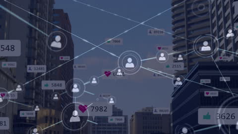 Digital Network with Media Icons Over Cityscape