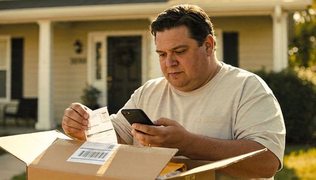Homeowner Scanning Packing Slip with Smartphone on Porch Verifying Delivered Parcel