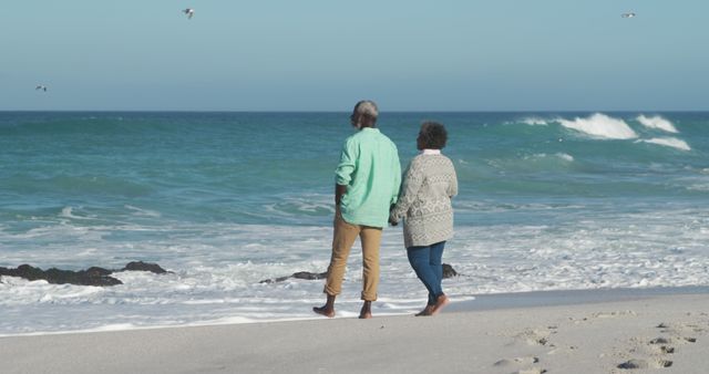 African american senior couple holding hands on beach by seaside with copy space - Download Free Stock Photos Pikwizard.com