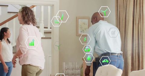 Multigenerational family arranging sustainable dinner with smart home eco interface