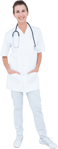 Smiling Transparent Female Doctor Standing with Hands in Pockets